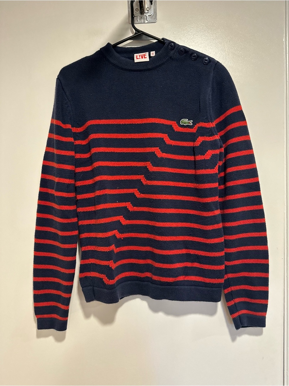 Lacoste L!VE Sz: 3(S) navy blue red offset stripe knit sweater button shoulder.